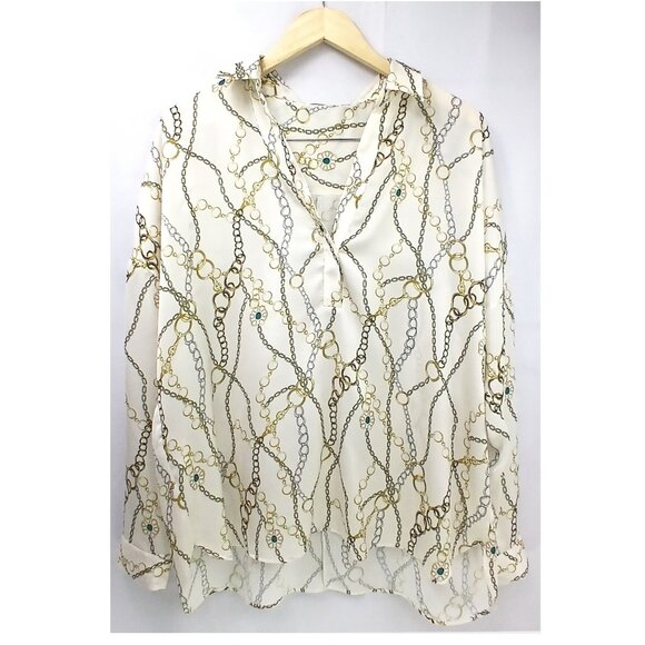 Violeta by Mango Cream V-neck Long Sleeve Blouse with Chains Pattern EUC - Picture 4 of 11